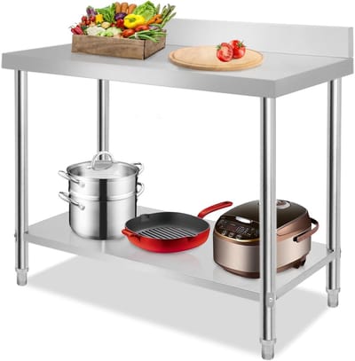 150x50x85cm Roestvrij Staal Werktafel Gastronomische Eettafeltjes Met 2 Legplanken & Verstelbare Voeten Buitentuintafel Voorbereidingstafel Voor Voedselbereiding (Met Opstaande Rand) NAIZY