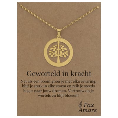 Stainless Steel Levensboom ketting op Cadeau Kaartje - Geworteld in kracht - 45cm Goudkleurig Roestvrij Staal - Pax Amare