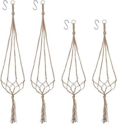 Set van 4 Macramé Bloem Pendels voor Boho Decoratie - Jute Touw Bloempot Houder en Hanglamp voor Binnen en Buiten, Perfect voor Plafond en Balkon 90/105 cm