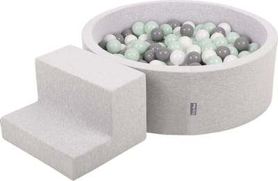 KiddyMoon Schuimspeelplaats met stappen en Ballenbad - 7cm 200 Ballen - Speeltoestel - Ballenbak voor baby's - voor kinderen - Hindernisbanen - Lichtgrijs: Wit Grijs Munt