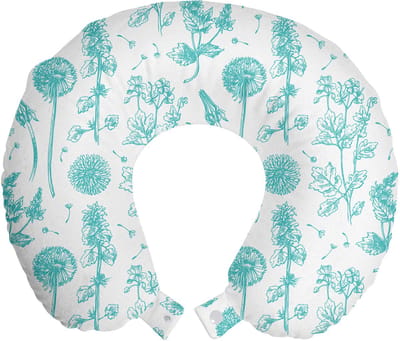 ABAKUHAUS Bloemen Reiskussen met Neksteun, Handgetekende Wilde Bloemen, Schuimrubberen Reisaccessoire voor Vliegtuig en Auto, 30x30 cm, Cadetblauw Wit