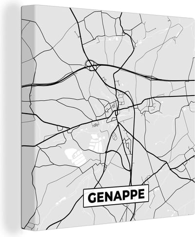 Canvas Schilderij Stadskaart – Plattegrond – België – Zwart Wit – Genappe – Kaart - 20x20 cm - Wanddecoratie
