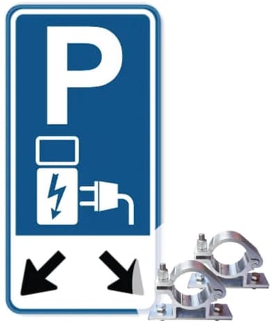 Bord parkeren oplaadpunt pijlen 30x60 cm - Bevestiging: Met paalbeugels Ø48mm