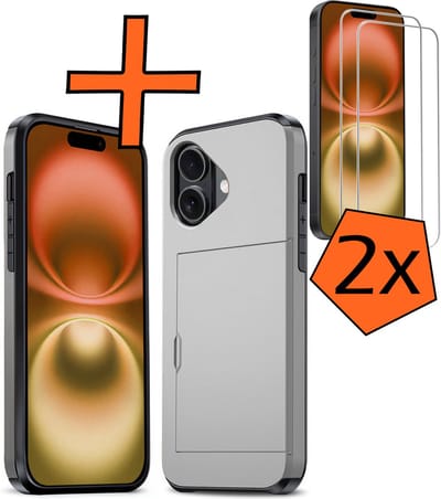 Hoesje Geschikt voor iPhone 16 Hoesje Pasjeshouder Shockproof Hard Case Met 2x Screenprotector - Hoesje Geschikt voor iPhone 16 Hoes Met Kaarthouder - Grijs