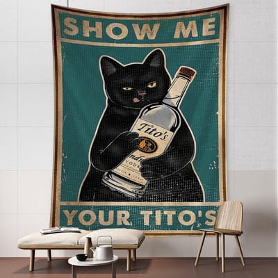 Tapisserie Murale Tarot Chat Bouteille de Vin Kawayi Psychédélique Sorcellerie Bohème Salon Dortoir Décoration Intérieure 95x70CM black