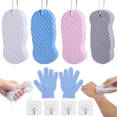 Ultra Zachte Peeling Bad Spons Set met Bad Handschoenen en 4 Haken - Herbruikbare Spons voor Dode Huid, Voor Volwassenen en Kinderen