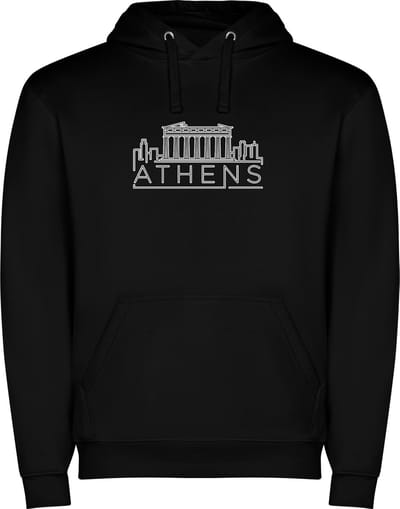 Zwarte unisex hoodie met “ Kleurrijke Sky Line Athens - Athene – Vakantiegevoel – Strak – Modern “ Print Full Color Color merk Roly maat S
