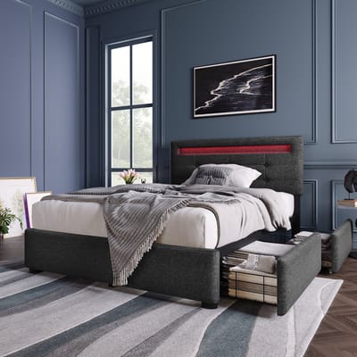 SINGULARITY-Bedframe met LED en 2 lades- inclusief matras- eenpersoonsbed gestoffeerd 90x200cm- grijs