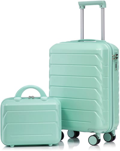 Merax 2-delig ABS Spinner Kofferset met 14" Cosmetictas – Mintgroen – 14" & 19" Reiskoffers met Cijferslot