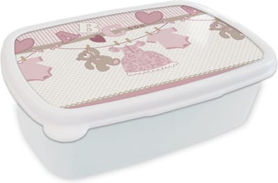Broodtrommel Wit - Lunchbox - Brooddoos - Baby kleren - Meisje - Knuffelbeer - Waslijn - Design - 18x12x6 cm - Volwassenen