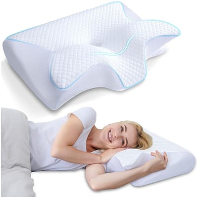 GELLDG Ergonomisch nekkussen - 2-in-1 orthopedisch nekkussen van traagschuim - Geschikt voor zij- en rugslapers - 60 x 40 x 12/14 cm - Wit