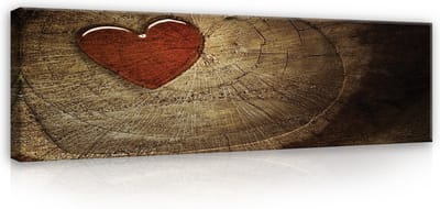 Canvas Schilderij - Rood Hart Op Hout - Hout - Hart - Liefde - Decoratie - Inclusief Frame - 45x145cm (lxb)