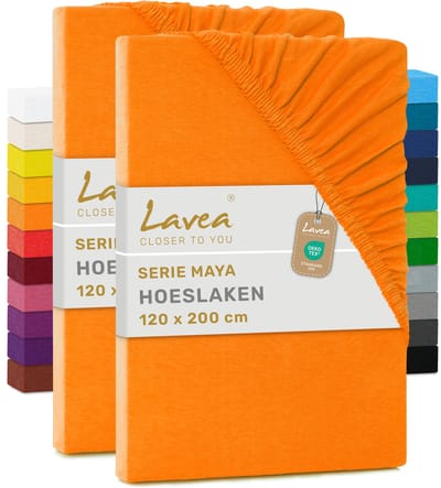 Lavea® Set van 2 Hoeslakens 120x200 cm – 100% Zacht en Ademend Katoen – voor Dikke Matrassen tot 20 cm – Jersey met Elastiek rondom – Zonsondergang Rood