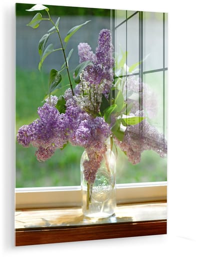 ® Glasschilderij 120x160 cm - Schilderij acrylglas - Glazen vaas met seringen - Foto op glas - Muurdecoratie woonkamer - Wanddecoratie slaapkamer - Schilderijen