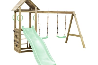 Houten speeltoestel met dubbele schommel, glijbaan 1,75m en klimwand