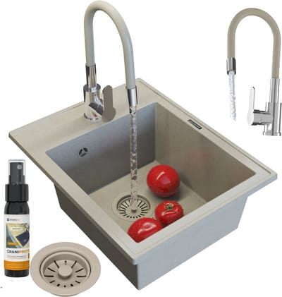 Granitan Granieten Spoelbak Nero 50x40cm - Spoelbakken met Kraan en Sifon - Spoelbak Keuken Beige