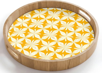 Dienblad rond 40x40 cm - Schootdienblad hout - Patroon - Retro - Geel - Borrelplank rechthoek - Plateau houten dienbladen