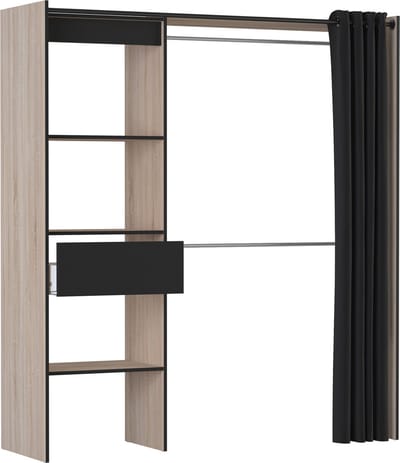Belfurn - Chicago uitschuifbare dressing kast geborstelde eik en zwart 114<168cm met gordijn