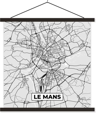 Posterhanger incl. Poster 60x60 cm - Schoolplaat - Plattegrond - Le Mans - Stadskaart - Kaart - Frankrijk - Textielposter - Zwarte latten - Stadskaart