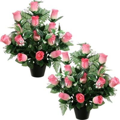 Louis Maes Kunstbloemen in pot - 2x - lichtroze - H35 cm - Bloemstuk ornament - rozen/gipskruid met bladgroen