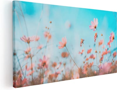 Artaza Canvas Schilderij Bloemen - 40x20 cm - Klein - Wanddecoratie Bloemenveld - Muurdecoratie Roze - Schilderijen Op Canvas