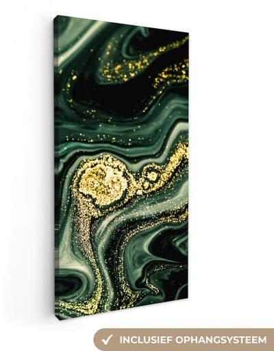 Canvas schilderij 20x40 cm - Wanddecoratie Marmer - Goud - Glitter - Groen - Marmerlook - Luxe - Muurdecoratie woonkamer - Slaapkamer decoratie - Kamer accessoires - Schilderijen op canvas