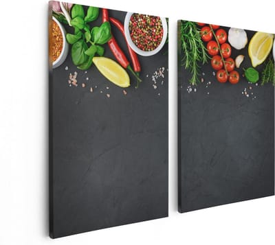 Artaza Canvas Schilderij Tweeluik Kruiden Met Groenten Op Een Zwarte Plaat - 80x60 - Foto Op Canvas - Canvas Print