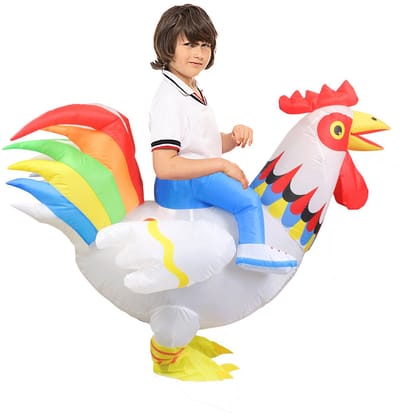 KIMU® Opblaas Kostuum Kinderen Zittend op Kip Wit Regenboog - Maat 80 86 92 98 104 110 116 122 - Opblaasbaar Pak - Kippenpak Mascotte Opblaaspak - Opblaasbare Haan Festival