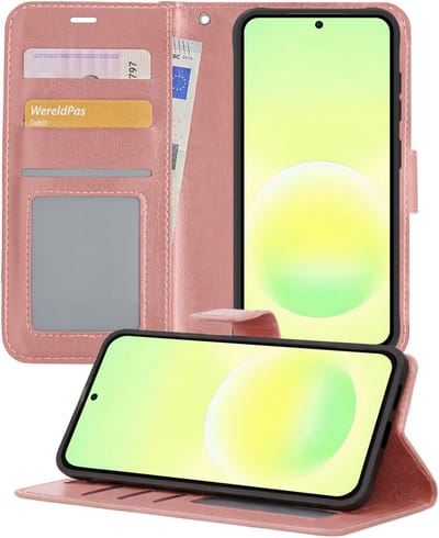Hoesje - Met Pasjeshouder - Geschikt voor Samsung Galaxy A57 - Luxe Bookcase Portemonee - Flip Case - Kunstleer Book Case - Flipcase - Book Cover - Walletcase - Portemonneehoes - Telefoonhoesjes - Rosé goud