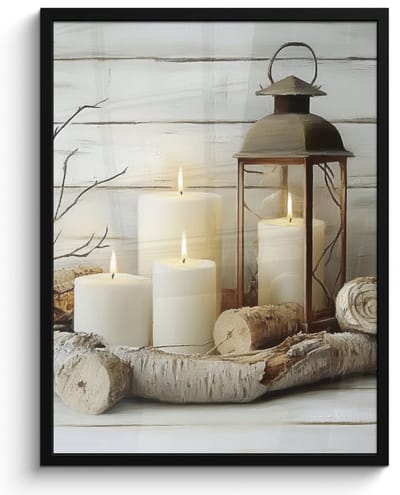 Poster in lijst - Fotolijst 50x70 cm - Posters - Stilleven - Wit - Kaarsen - Rustiek - Natuur - Posterlijst zwart - Decoratie - Wanddecoratie woonkamer - Muurdecoratie slaapkamer