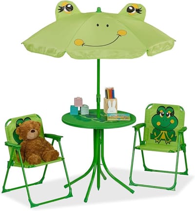 Verte Kinder Picknicktafel - Kindertuinmeubelset met Parasol - Lieveheersbeestje - 2 Klapstoelen en Een Tafel - Kamperen - Kindertuinmeubelset - Groen