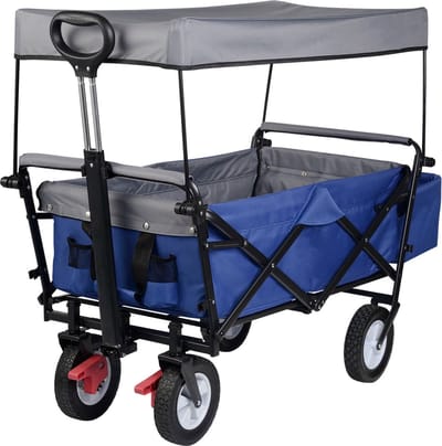 BukkitBow - Opvouwbare Bolderkar Met Dak - Inklapbare Handkar met Stalen Frame - Massief Rubberen Wielen - Tot 80 kg Belasting - Blauw