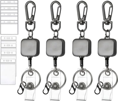 4 Stuks Uittrekbare Sleutelhangers met Transparant Badgehouders - Karabijnsluiting Clip Trekkoord - Intrekbare Koord Pashouder - Broekclip Karabijnhaak Sleutelkoord - Afrolmechanisme voor Badges/Sleutels - ID Jojo Pasjeshouder Keycord\Keykoord - 40cm