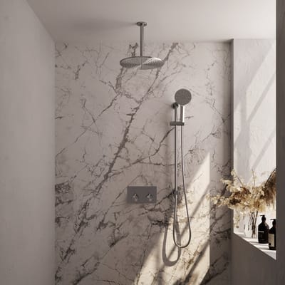 Brauer Brushed Carving thermostatische inbouw regendouche met drukknoppen SET 72 met 30 cm douchekop en plafondarm en 3-standen handdouche en doucheslang en geïntegreerde glijstang RVS geborsteld PVD