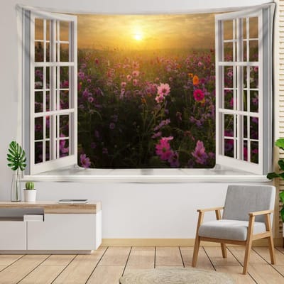 Tapisserie murale suspendue de paysage de champ de fleurs de fenêtre, paysage naturel bohème, chambre à coucher, salon, décoration de maison 95x70CM black