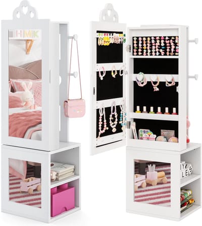 COSTWAY Sieradenkast voor kinderen, 3-in-1 spiegelkast met full-body spiegel en kledingstandaard, sieradenstandaard met haken en legplanken, sieradenorganizer voor meisjes vanaf 3 jaar (wit)