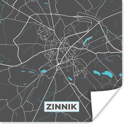 Poster België – Zinnik – Stadskaart – Kaart – Blauw – Plattegrond - 100x100 cm XXL