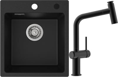 CECIPA max Spoelbak Antraciet 40x45CM - Granieten Spoelbakken Keuken Met T-Uitloop Keukenkraan - Spoelbakken met Kraangat - Enkele Spoelbak - Spoelbakken Incl. Sifon en Afvoerzeefje