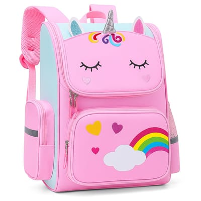 BoefieBoef Roze Eenhoorn Regenboog Schooltas 15L - Grote Kinderrugzak Polyester Meisjes - Basisschool Uitjes - Cadeau - 41x27x14cm