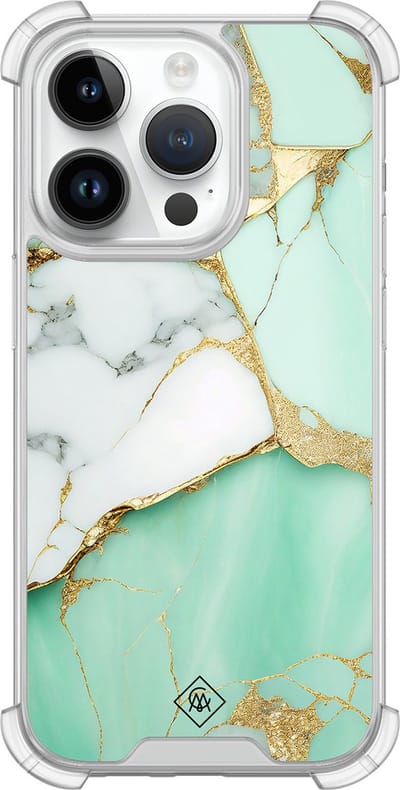 Casimoda® hoesje - Geschikt voor iPhone 14 Pro - Marmer Mintgroen - Shockproof case - Extra sterk - Siliconen/TPU - Mint, Transparant