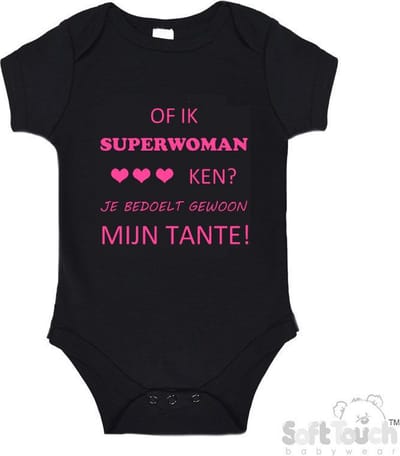 100% katoenen Romper "Of ik Superwoman ken Je bedoelt gewoon mijn tante" Meisjes Katoen Zwart/roze Maat 62/68
