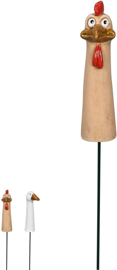 Tuinsteker Kip - Tuindecoratie Kip Kippenkop - Tuin Versieren - Handgemaakt Keramiek - 18 cm + 40 cm steel - Kipkleur