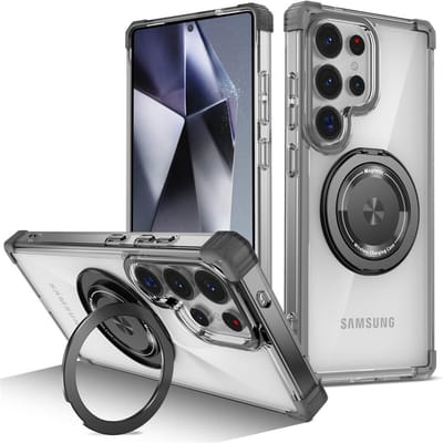 Support Pliant Magnétique Rotatif Coque de Téléphone Transparente Pour Samsung S26 S25 Edge S24 S23 Plus Fe S21 Ultra Housse Blindée Résistante aux Chocs For Galaxy S22&Case & Holder noir