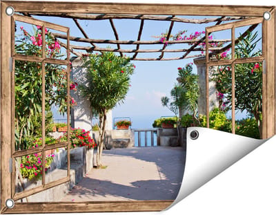 Gards Tuinposter Doorkijk Terras - 60x40 cm - Tuindoek - Tuindecoratie - Wanddecoratie buiten - Tuinschilderij