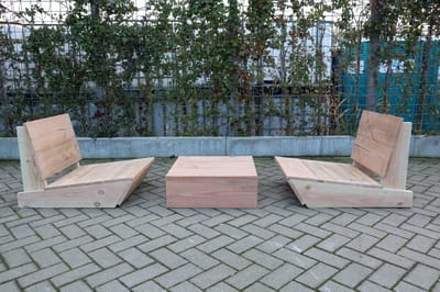 Set van 2 bankjes 60cm & tafel “Sauna” van douglas hout – relax bank set – Loungebank – Lage zetel - 2 persoons