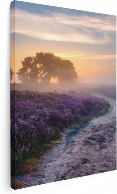 Artaza Canvas Schilderij Zonsopgang Heide - 30x40 cm - Klein - Wanddecoratie Pad - Muurdecoratie Bloemen - Kamer Accessoires Landschap