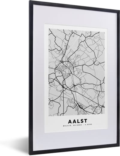 Fotolijst incl. Poster Zwart Wit- Zwart Wit – België – Plattegrond – Stadskaart – Kaart – Aalst - 40x60 cm - Posterlijst