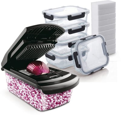 Bardi Groentesnijder - 11 in 1 Multifunctioneel - Keuken mandoline - Handmatig - Keukensnijder - Uiensnijder - Spiraalsnijder - Frietsnijder - Rasp - ZWART met 5 delige voedselbakken en 10 wondersponzen
