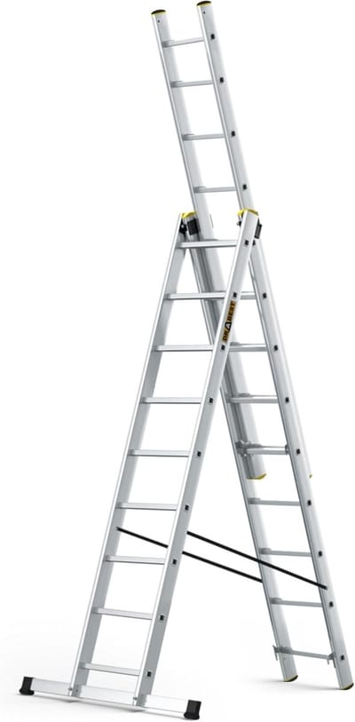 Aluminium Steekladder 3-delig - 3x9 Treden - Multifunctioneel Inzetbaar - Werkhoogte 5.8m - Max. 150 kg
