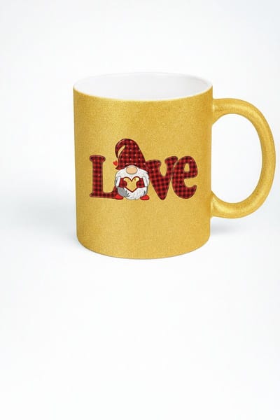 Gouden Glitter Mok met Liefde Kabouter & Rood Geruit 'LOVE' Design - Valentijnsdag & Liefdes Cadeau